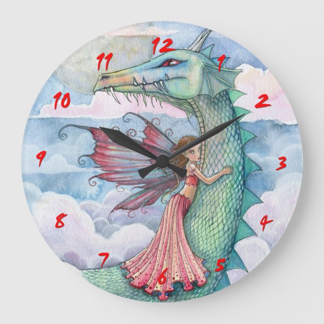 Märchendrache und Märchenmädchen Wall Clock Große Wanduhr (Vorderseite)