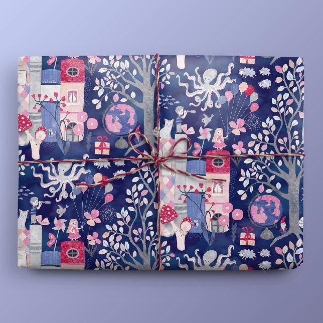 Märchenhafte Bücher und magische Kreaturen Blau Geschenkpapier (Gift Mockup)