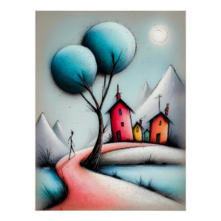 Märchenhafte Cartoon Landschaft mit Weg und Häuser Poster