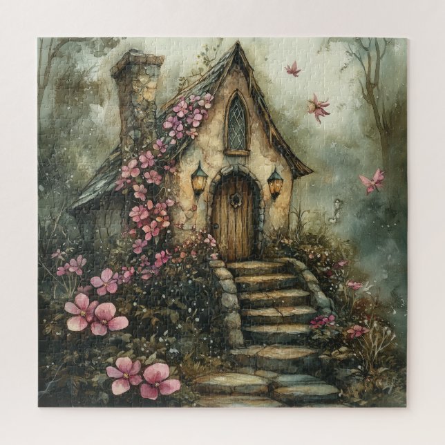 Märchenhafte Hütte mit rosa Blume (Vertikal)