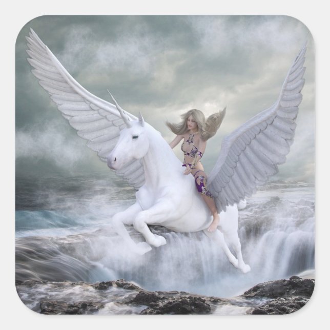 Märchenhafte magische Mystische Einhorn und Frau Quadratischer Aufkleber (Vorderseite)