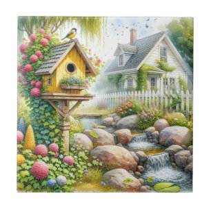 Märchenhafter Cottage-Garten-Vogelhaus-Bach Fliese