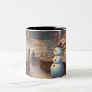 Märchenhafter Schneemann in einem Lebensmittelgesc Zweifarbige Tasse