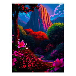 Märchenhafter Wanderpfad durch blühende Berglandsc Poster