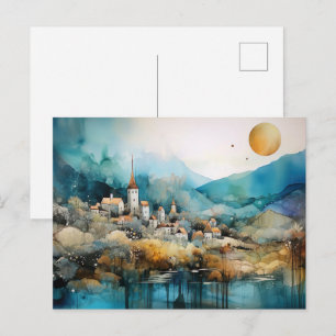 Märchenhaftes Dorf Wasserfarben Postkarte