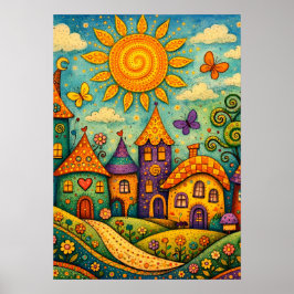 Märchenhaftes Feendorf - Farbige Leinwandkunst Poster
