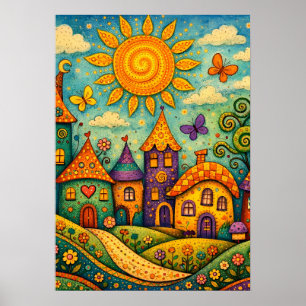 Märchenhaftes Feendorf - Farbige Leinwandkunst Poster
