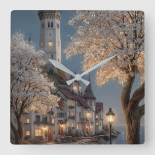 Märchenhaftes Küsten Schloss & blühende Bäume Wand Quadratische Wanduhr