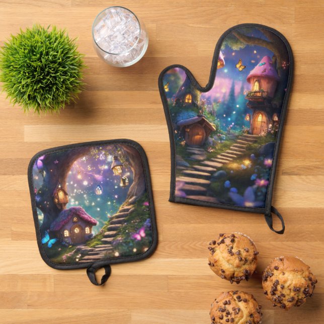 Märchenhaftes magisches Dorf Ofenhandschuh & Topflappen-Set (Oben Unten)