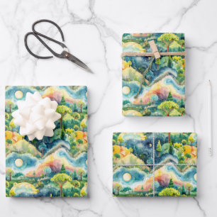 Märchenlandschaft Grün Orange Geschenkpapier Set