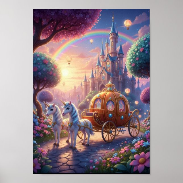Märchenposter Einhorn-Kutsche Schloss Poster (Vorne)