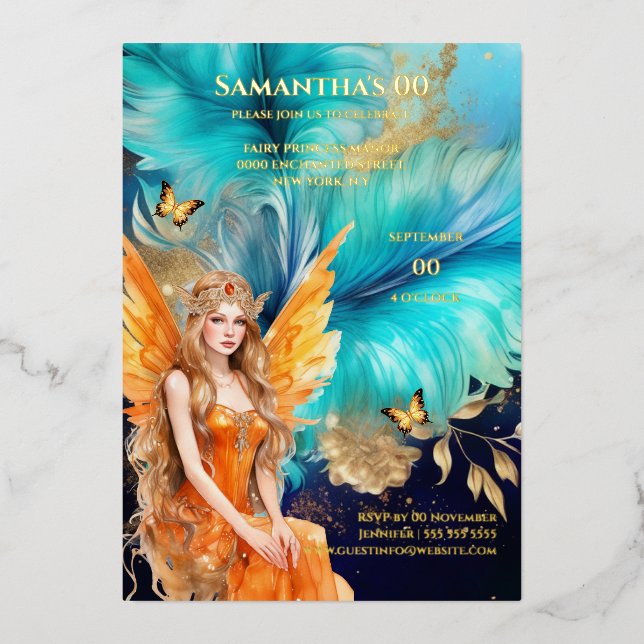 Märchenprinzessin aquamarin orange-mythisches Märc Folieneinladung (Vorderseite)