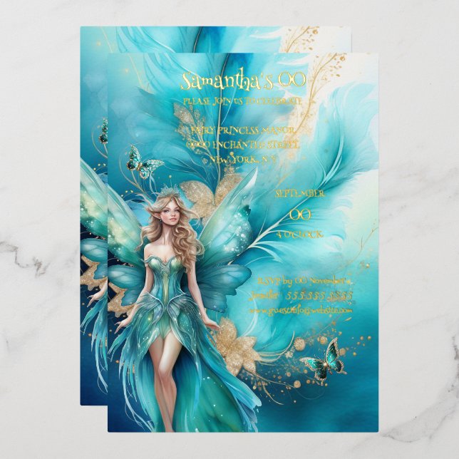 Märchenprinzessin aquamarines Gold Folieneinladung (Vorderseite/Rückseite)