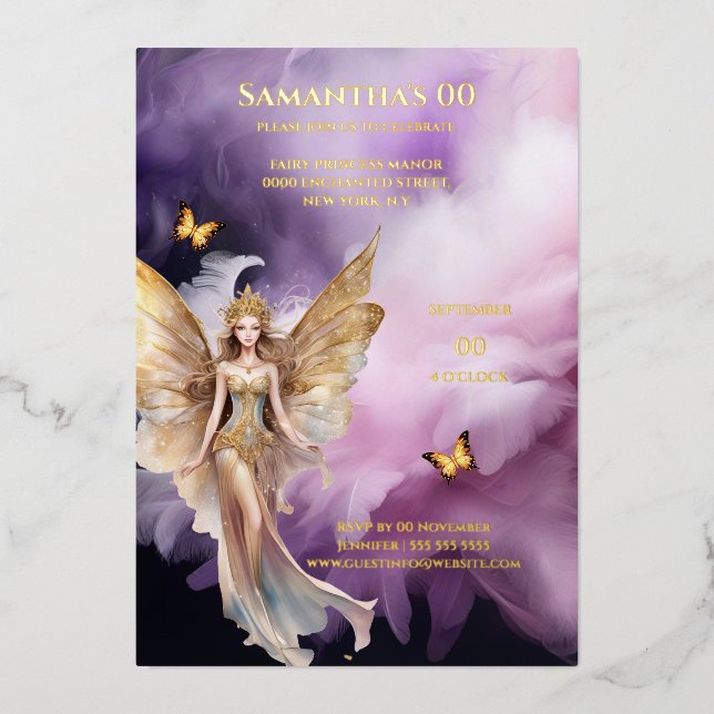 Märchenprinzessin lila Gold Folieneinladung (Vorderseite)