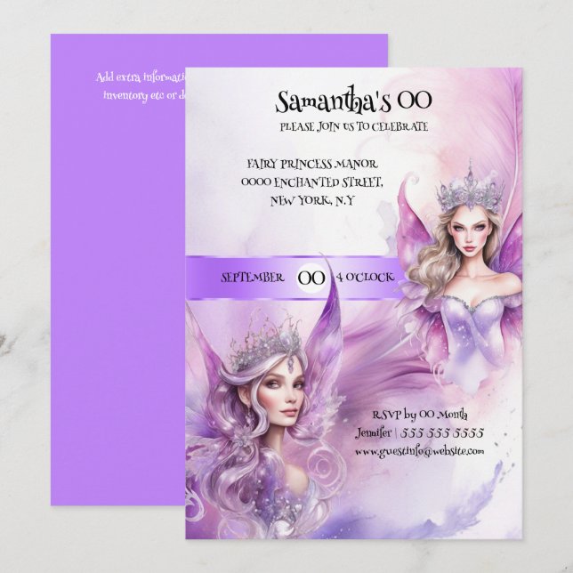 Märchenprinzessin mythisches lila Märchenthema Einladung (Vorne/Hinten)
