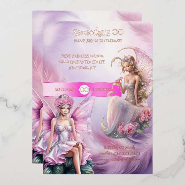 Märchenprinzessin, pinkfarbene Märchenmädchen Folieneinladung (Vorderseite/Rückseite)
