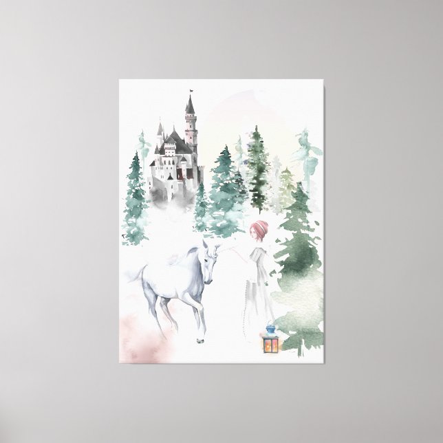 Märchenprinzessin und Einhorn am Burg Leinwanddruck (Vorderseite)
