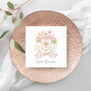 Märchenrosa Blume Wappen und Kreuz   Taufe Serviette