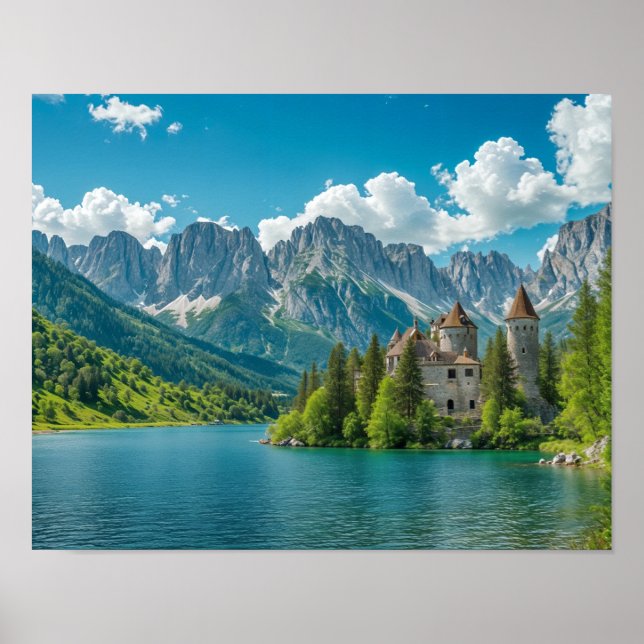 Märchenschloss am Fuße des Berges. Kunst Poster (Vorne)