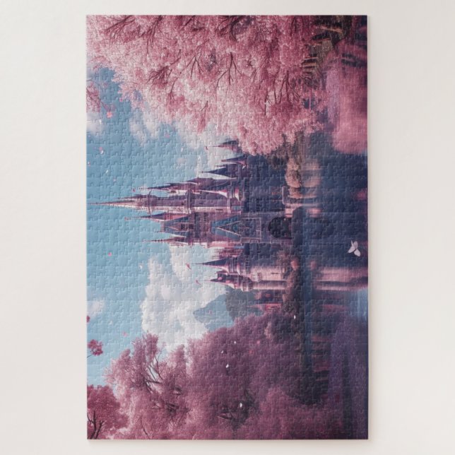Märchenschloss-Puzzle mit rosa Kirschblüten (Vertikal)