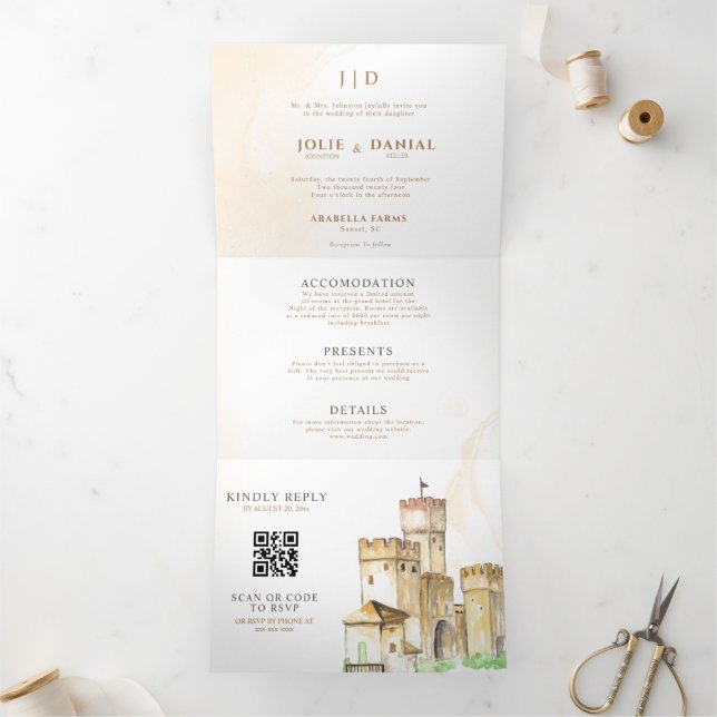 Märchenschloss QR Code Story Buch Hochzeit Dreifach Gefaltete Einladung (Innenseite)
