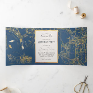 Märchenthema Schloss Karosse Gold & Navy Blau Dreifach Gefaltete Einladung