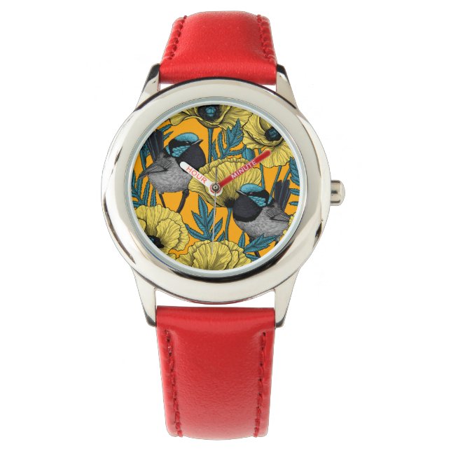 Märchenwren und Mohn in Gelb Armbanduhr (Vorderseite)