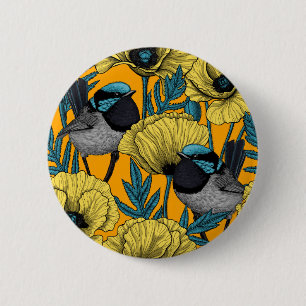 Märchenwren und Mohn in Gelb Button