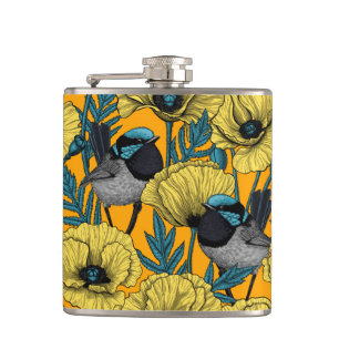 Märchenwren und Mohn in Gelb Flachmann