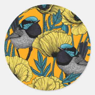 Märchenwren und Mohn in Gelb Runder Aufkleber