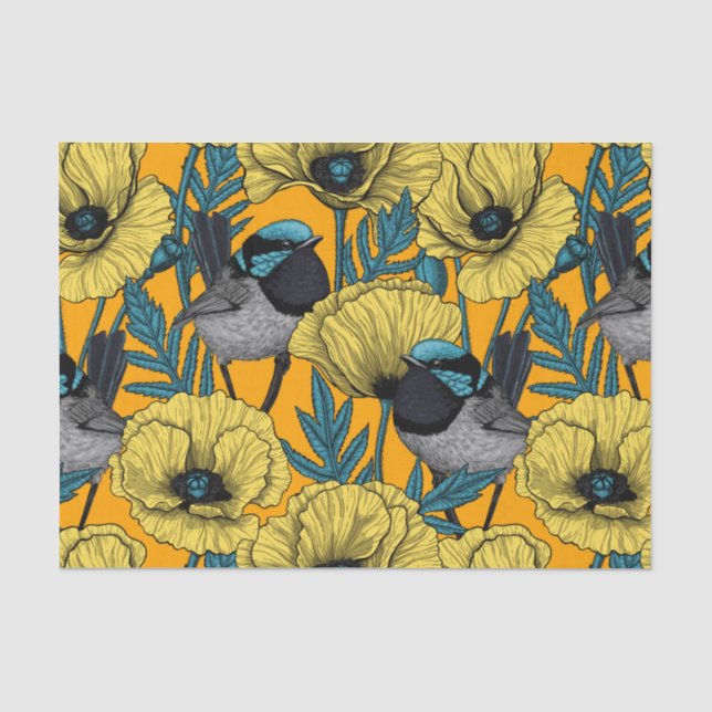 Märchenwren und Mohn in Gelb Seidenpapier (Vorderseite)