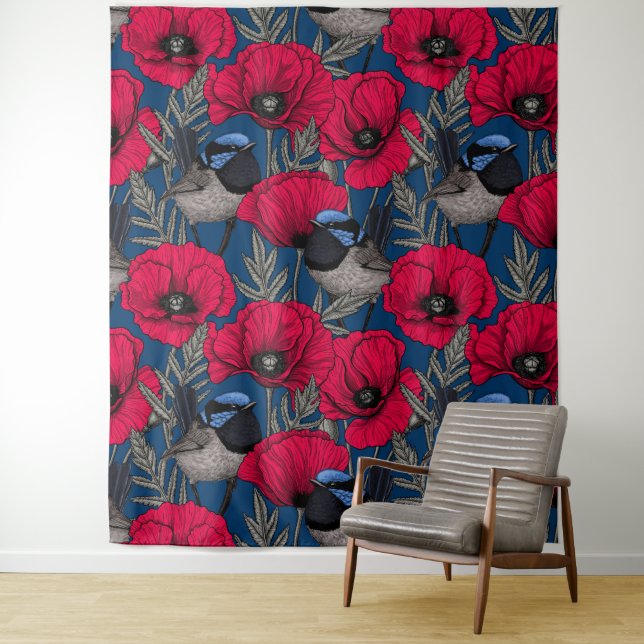 Märchenwren und Mohn Wandteppich (Beispiel)