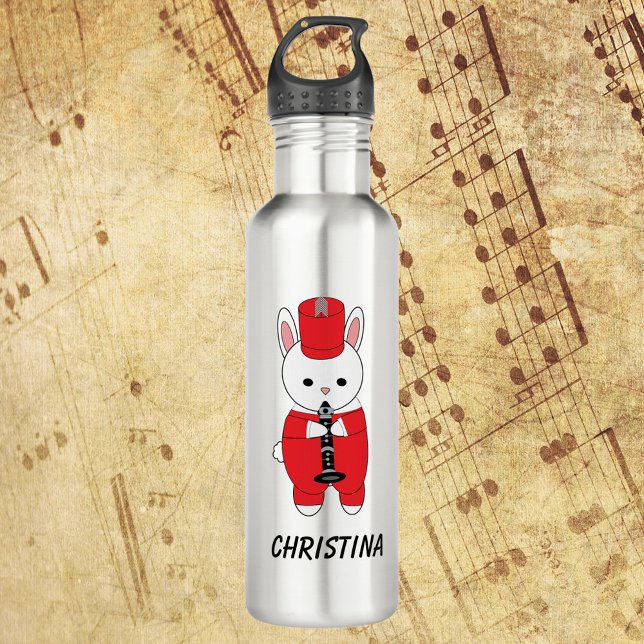 Marching Band Bunny Clarinet Personalisieren Red W Edelstahlflasche (A water bottle with a rabbit playing the clarinet with text you can personalize!)