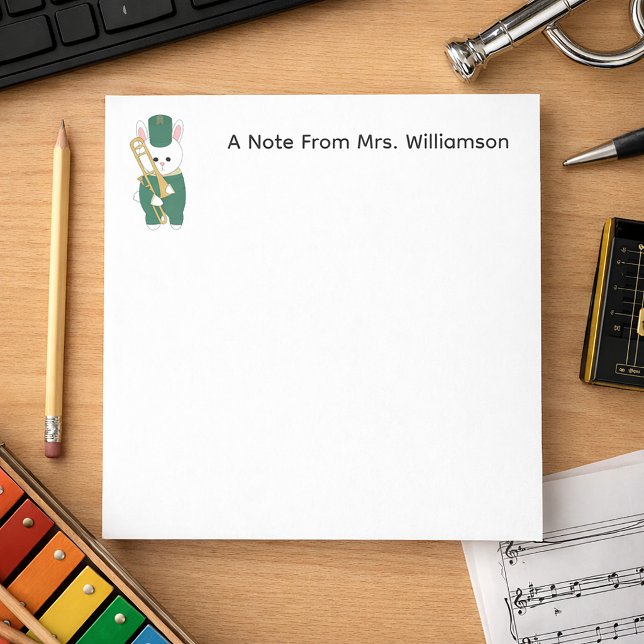 Marching Band Bunny Trombone Green Personalize Notizblock (A notepad with customizable text and a cute rabbit with a trombone.)