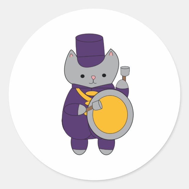 Marching Band Cat Bass Drummer Lila Gelb Gold Runder Aufkleber (Vorderseite)