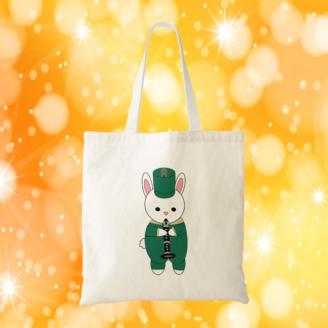 Marching Band Clarinet Rabbit Green Gold Tragetasche (A tote bag of a bunny playing the clarinet while wearing a green and white marching band uniform.)