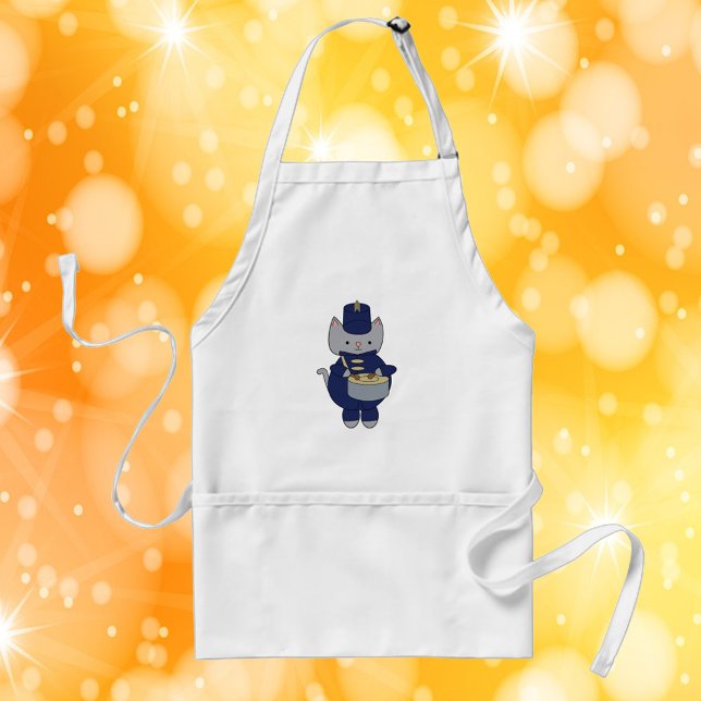 Marching Band Drummer Cat Navy Blue Gold Schürze (An apron with a snare drum playing cat in a navy blue and gold marching band uniform.)