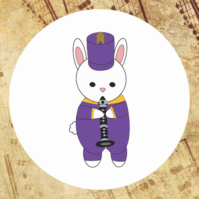 Marching Band Rabbit Klarinette PuprylGelb Runder Aufkleber (A sticker of a clarinet playing bunny rabbit in a purple and yellow gold marching band uniform.)