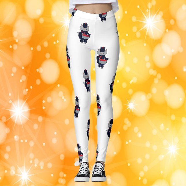 Marching Band Snare Drum Navy Blue Red Leggings (A pair of leggings featuring a pattern of gray cats wearing a navy blue & red marching band uniform.)