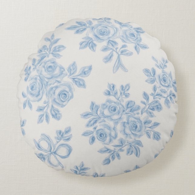 Marcie and Lour Blue Floral Rundes Kissen (Vorderseite)