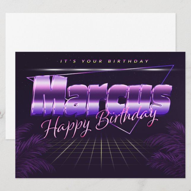 Marcus Prénom lila retro Carte Anniversaire (Devant / Derrière)