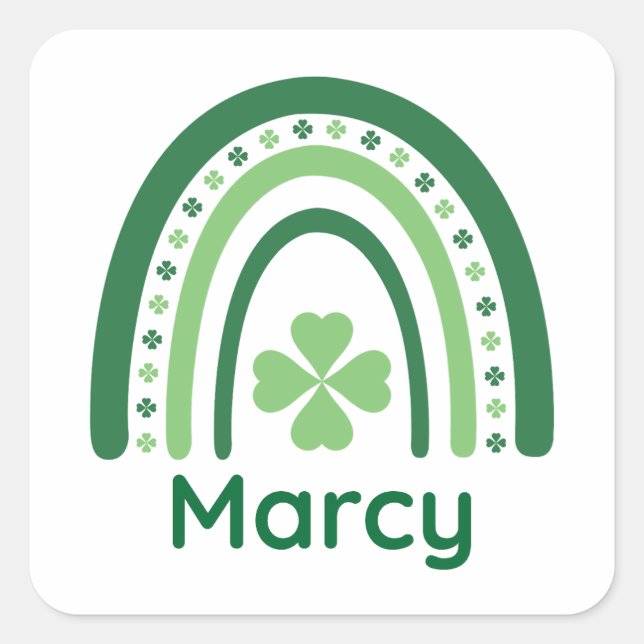 Marcy Name Clover Boho Rainbow Quadratischer Aufkleber (Vorderseite)