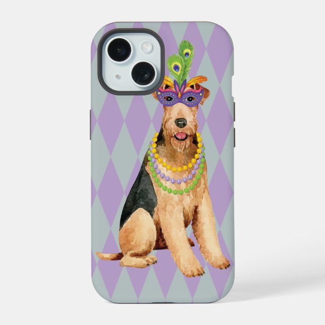 Mardi Gras Airedale iPhone 15 Hülle (Rückseite)