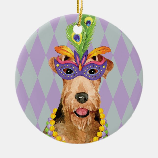 Mardi Gras Airedale Keramik Ornament (Vorne)