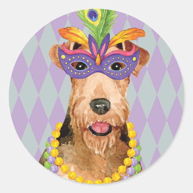 Mardi Gras Airedale Runder Aufkleber (Vorderseite)