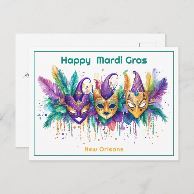 💚 💜 💛 Mardi Gras Aquarell Mischief Maker Postkarte (Vorne/Hinten)