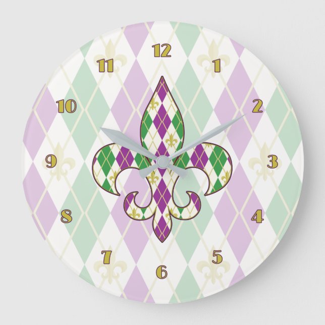 Mardi Gras Argyle Clock Große Wanduhr (Vorderseite)