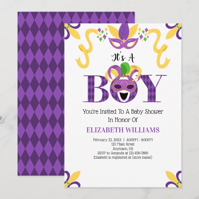 Mardi Gras Baby Dusche Es ist ein Junge Einladung (Vorne/Hinten)