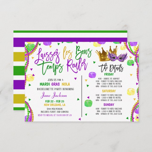 Mardi Gras Bachelorette Invitation du week-end (Devant / Derrière)