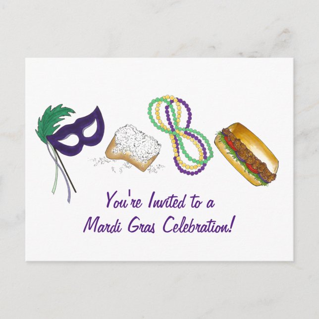 Mardi Gras Beads Beignet Mask Party Invitation (Devant)